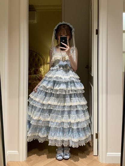 Goldfish Blue Adjustable Ruffle Sweet Embroidery Dress Lolita Straps and with Multi-Layered