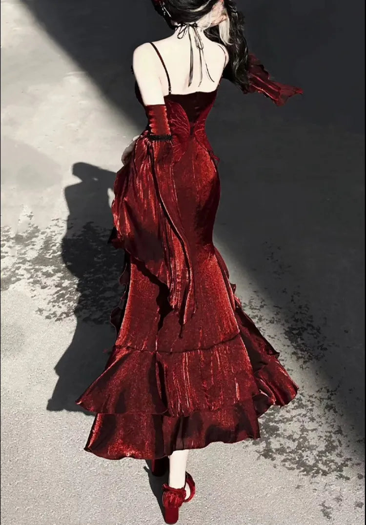 Flounce Sleeves Gown Mermaid Dress Rosette Evening Detachable with Red Burgundy