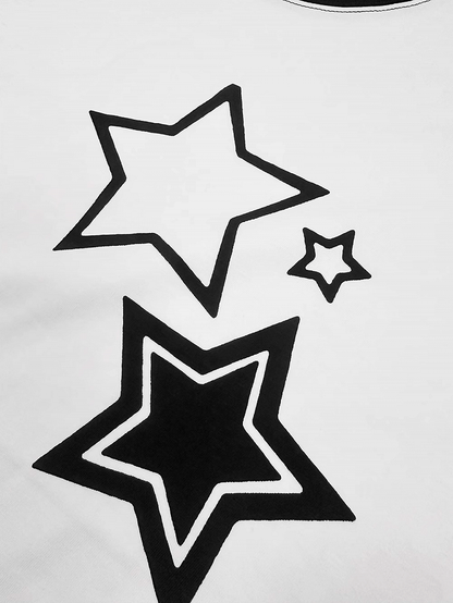 T-Shirt Schwarz Weiß Colorblock Design Stern Print Baumwolle