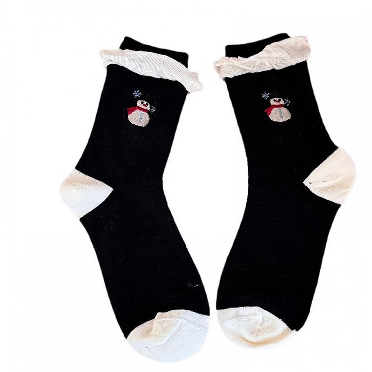 White Black Cute Snowman Embroidered Calf Socks