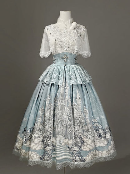 White Skirt High Cape Waist Top Cami + Tulle Print Castle Blue