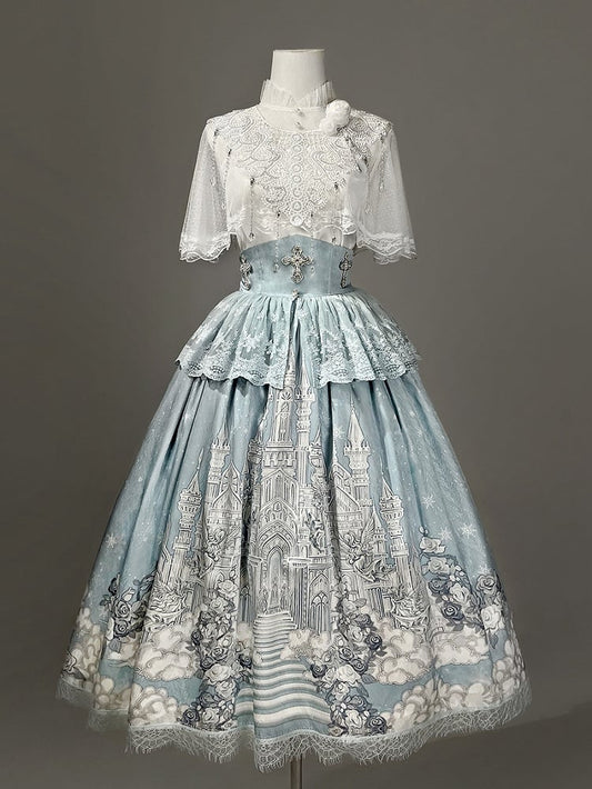 White Skirt High Cape Waist Top Cami + Tulle Print Castle Blue