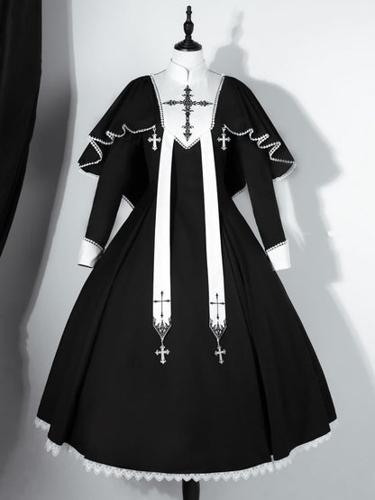 Black and White Cross Embroidery Gothic Nun Lolita Dress