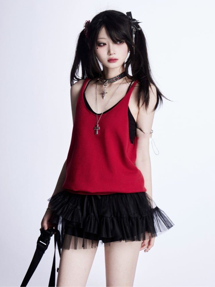 Red/Gray Glamorous Top Backless Knitted Tank