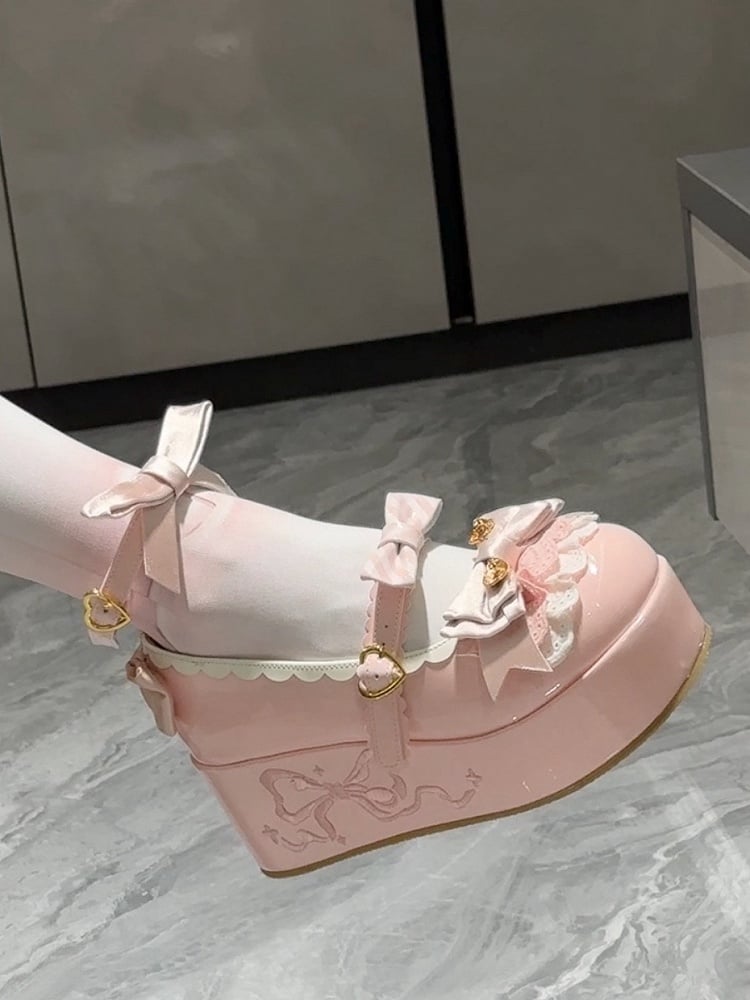 Bowknot Details Platforms Lolita Sweet Spoon Decorated Pink
