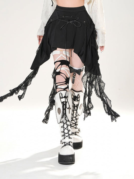 Detail Cascading Lace Ruffles Skirt Black Lace-up