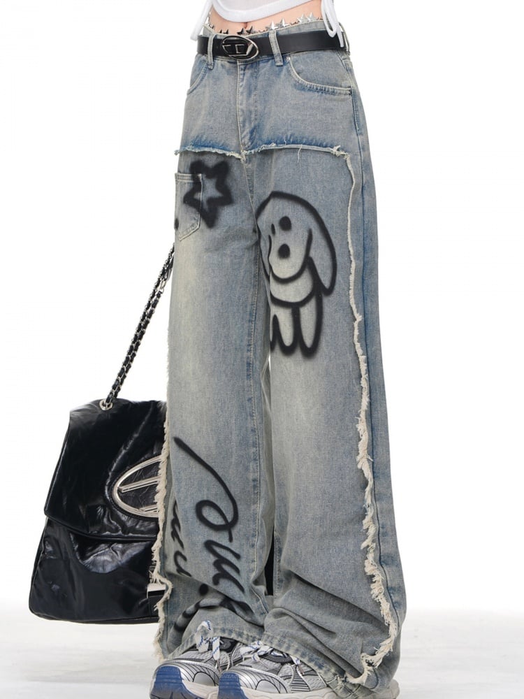 Blue Puppy Print Wide-leg Jeans