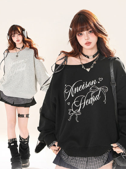 Sweatshirt zum Binden, asymmetrischer Ausschnitt, karierter Saum, schwarz/grauer Schultergurt