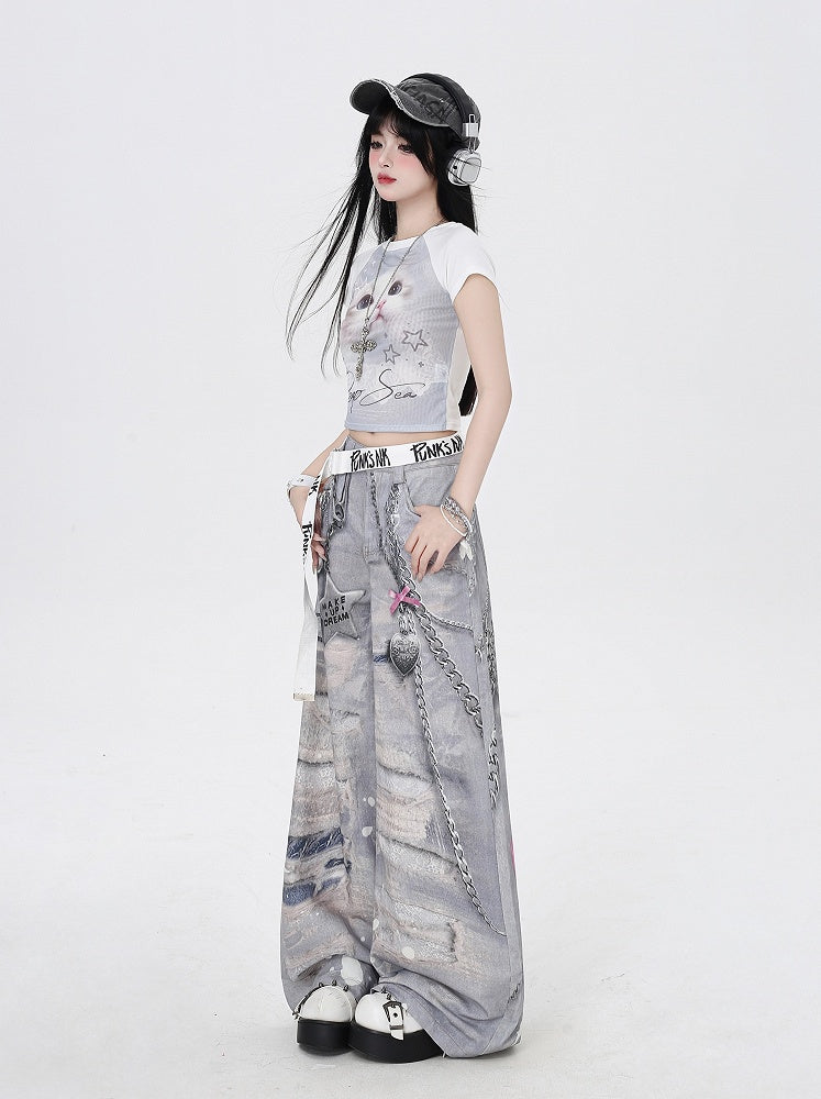 Grey Low Holes Waist Distressed Chains 3D Print Wide-Leg Casual Pants and