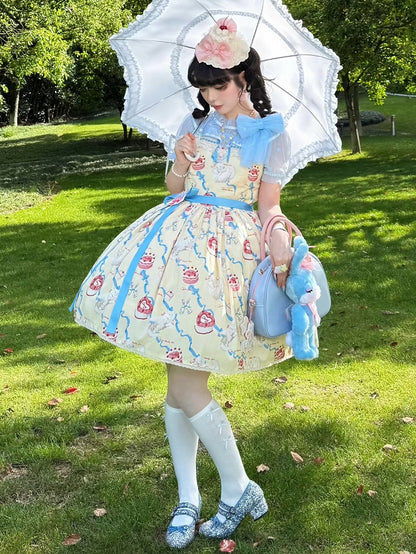 Cute Lolita Dress Sweet Showa Jumper Yellow Kitty Cream Print Skirt Fluffy