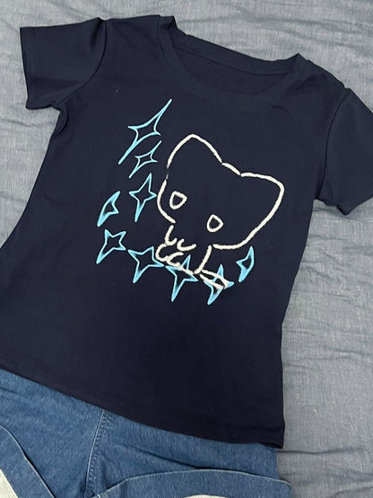 Round Star Blue Neck Cat T-shirt Dark Kei Jirai Print And