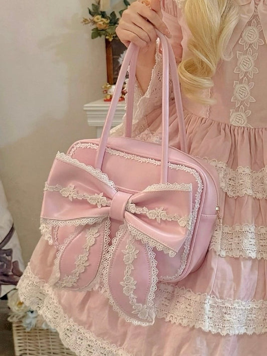 Old Square School Lace and with PU Lolita Pink Shoulder Bag Bow Details