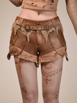 Waist Brown Distressed Low Wasteland Punk Shorts with Chain Accents