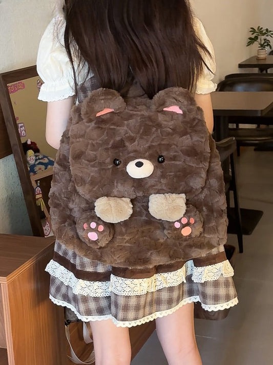 Sac à dos à rabat en peluche ours brun mignon, taille moyenne/grande