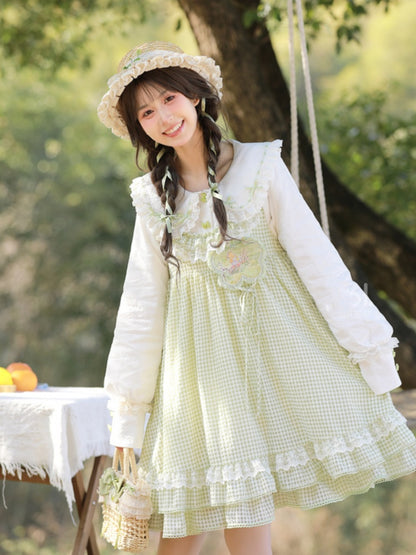 White Lace Trim Rounded Flat Collar Green Bow-Shaped Buttons Blouse