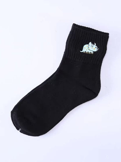 Caramel/White/Black Cute Rhino Embroidered Calf Socks