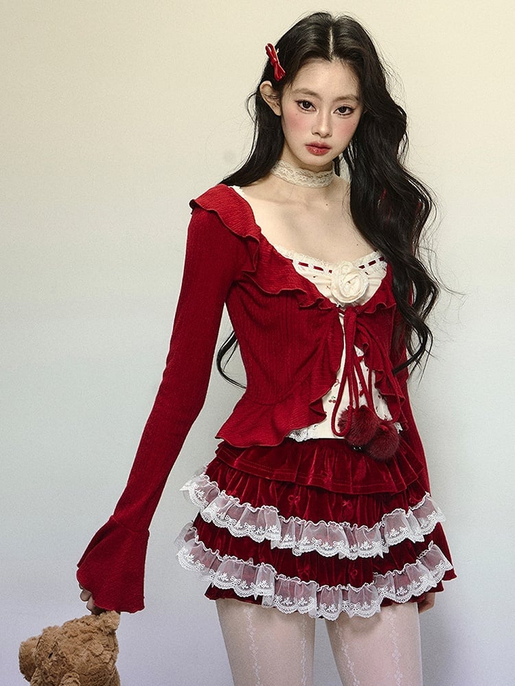 Red V-neck Self-tie Straps Cropped Cardigan Ruffle Trim