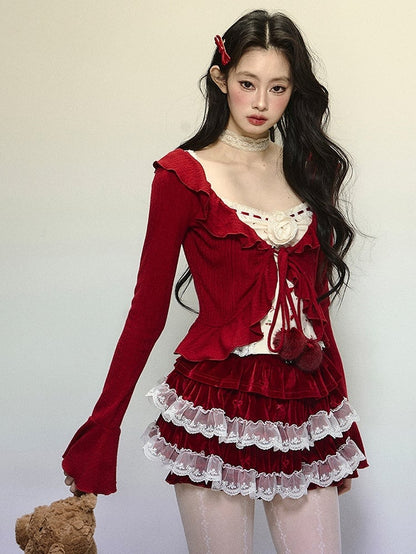 Red V-neck Self-tie Straps Cropped Cardigan Ruffle Trim