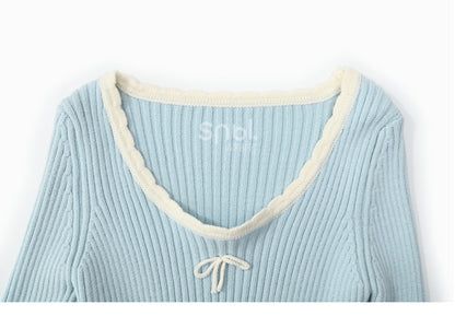 Blue Bowknot Details Round Neck Slim-fit Knit Top