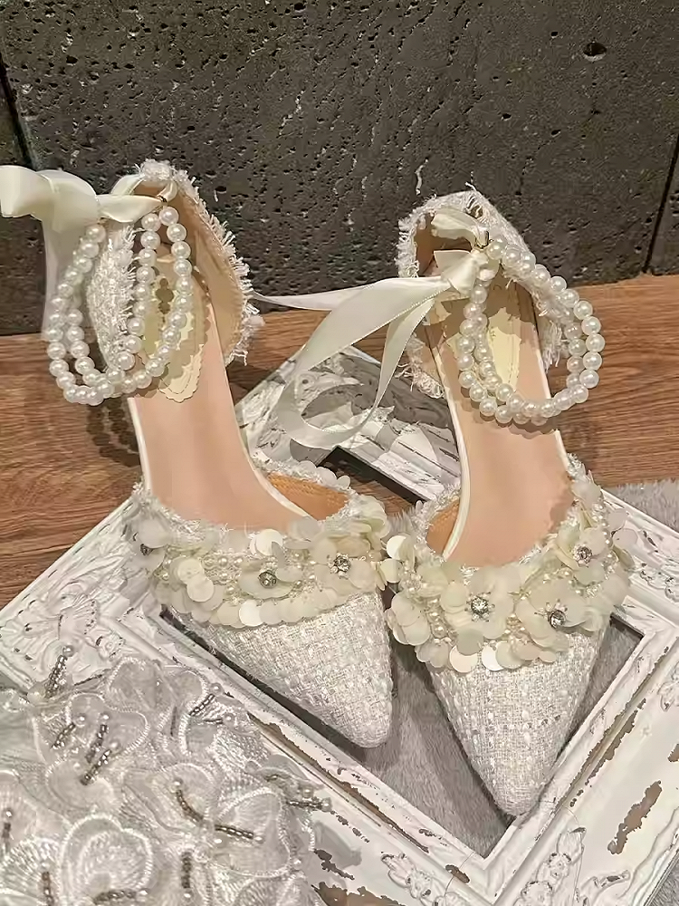 Beige Pointed Toe Floral High Heels with Beaded Chain