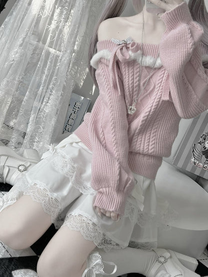 Jirai Kei Pink Off-shoulder Bow Accents Landmine Style Sweater