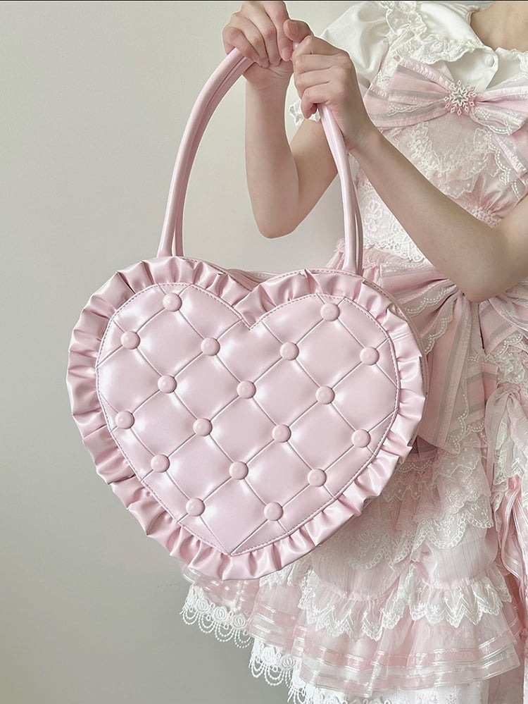 Bag Heart Quilted Trim Elegant – Style Pink Lolita Ruffle Handheld Purse