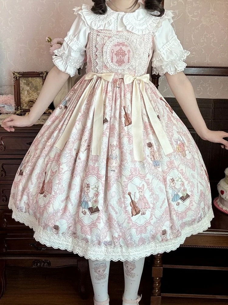 Light High Violin Lolita Bunny and Yellow Waist Print Dress Sweet JSK