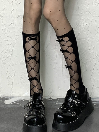 Bowknot Under-knee Stockings Black Design Cut-out