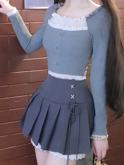Grey Lace Trim Lined Pleated Mini Skirt