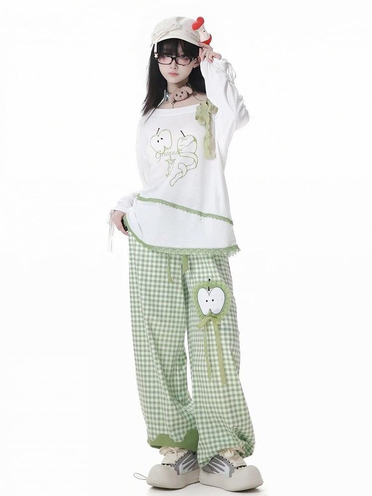 Green Plaid Pattern Apple Embroidery Drawstring Cuffs Belt Casual Pants with Self-tie