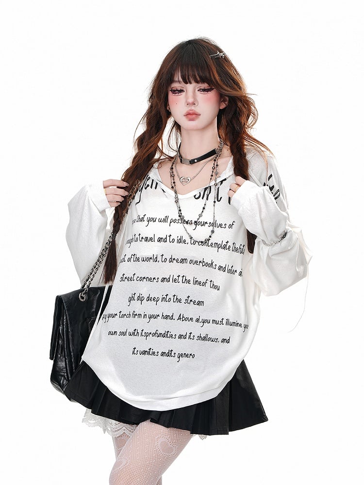 Black/White/Blue Semi-sheer V-neck Letter Loose Hoodie