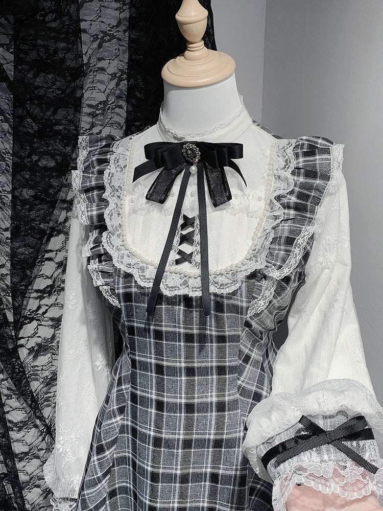 Sleeves Jirai Kei Black Illusion Neckline Flutter Plaid Set Lace Trim Mini Dress+Shorts White/Gray