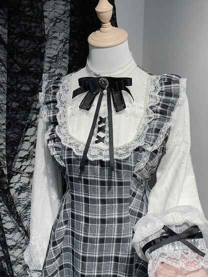 Sleeves Jirai Kei Black Illusion Neckline Flutter Plaid Set Lace Trim Mini Dress+Shorts White/Gray