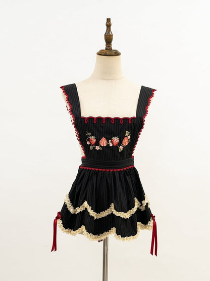 Black Strawberry Embroidery Cotton Apron
