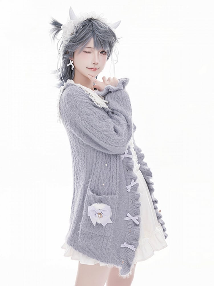 Jirai Kei Grey Bow Accents Landmine Style Soft Cardigan