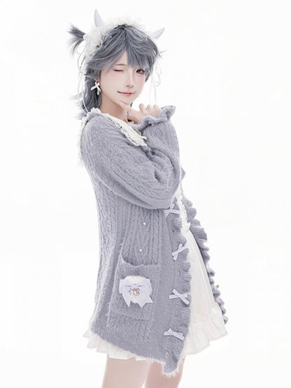 Jirai Kei Grey Bow Accents Landmine Style Soft Cardigan