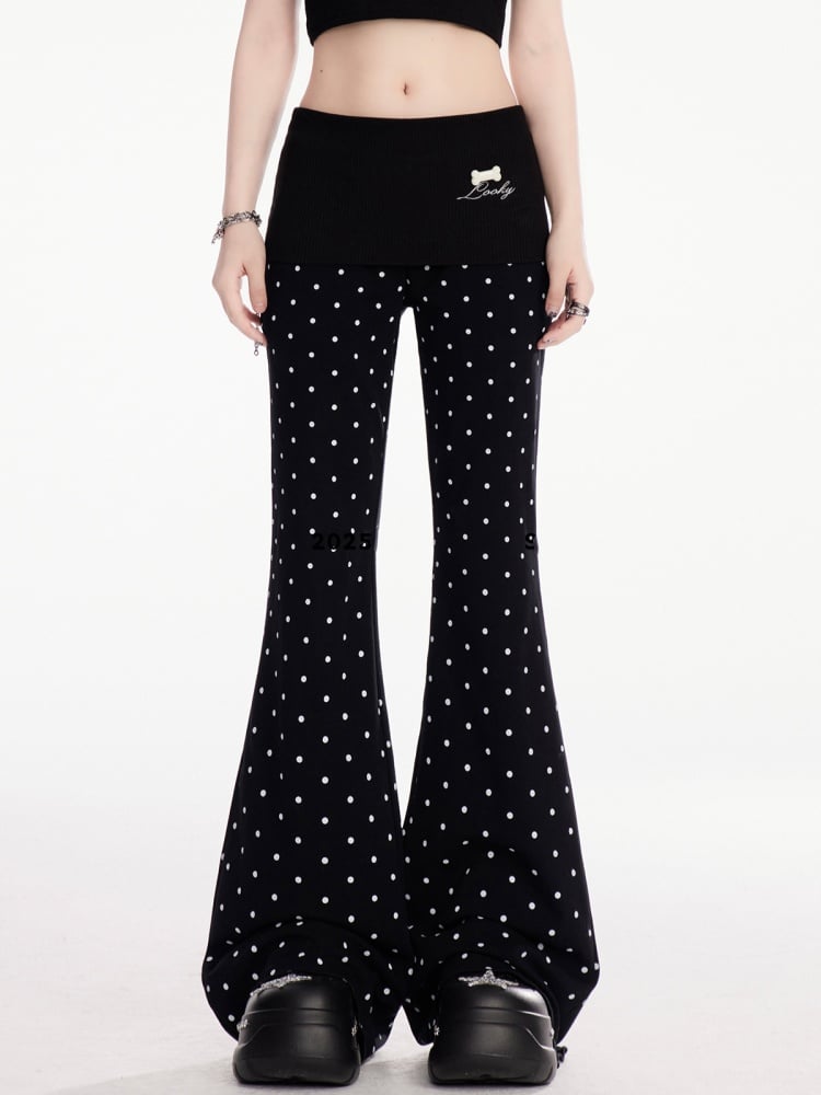 Flared Casual Pants Black Polka Dot Elastic Waist Slim-fitting