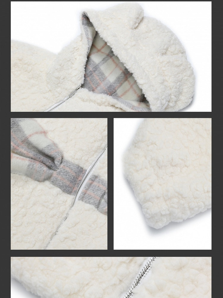 Milk White Plaid Bowknot Details Bears Ears Fleece Zip Hoodie