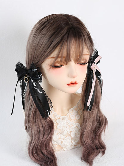 Kei Pink Lace Jirai Haarspange mit Herzanhänger Schwarze Schleife /