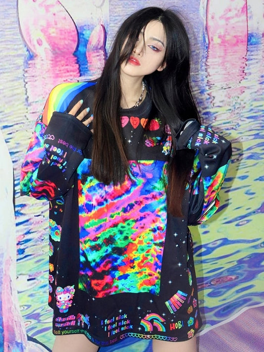 Buntes Sweatshirt und Druck Buchstabe Regenbogen Herz Y2K