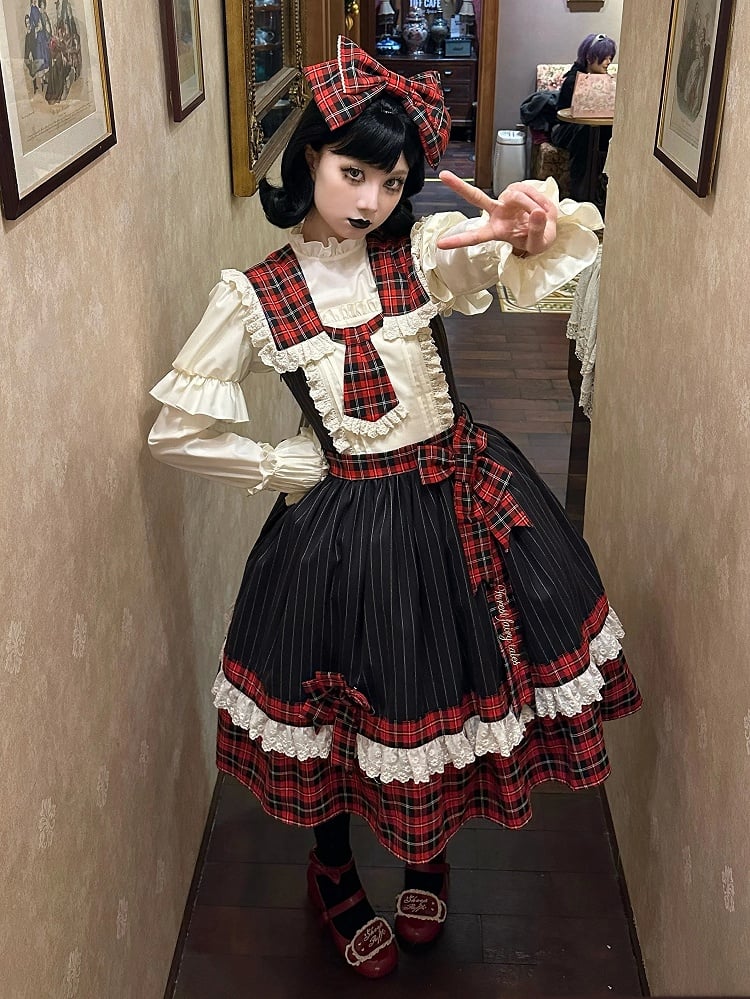 Robe à carreaux rouges et rayures noires, col amovible et jupe pull Lolita à nouer