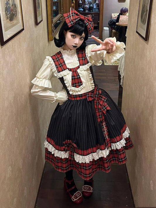 Robe à carreaux rouges et rayures noires, col amovible et jupe pull Lolita à nouer