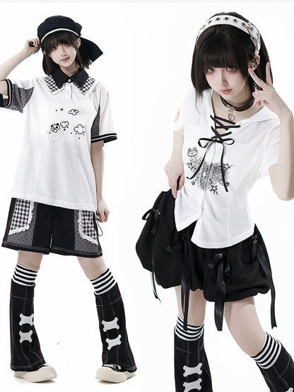 Black Elastic Waist Bubble Skirt with Bowknot Brooches
