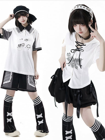 White Frog Lace-up Neckline Front Button Placket T-shirt Cute Print Hooded Waffle