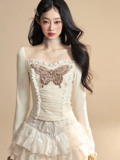 Apricot Lace Butterfly Embroidered Plush Cuff Glamorous Top Knitted Trim