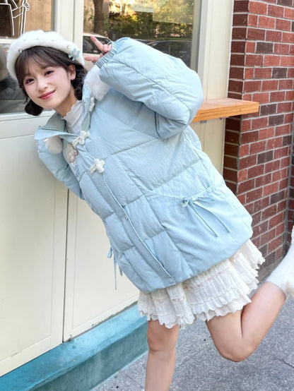 Blue Cute Lamb Applique Bowknot Details Hooded Down Coat Short Version