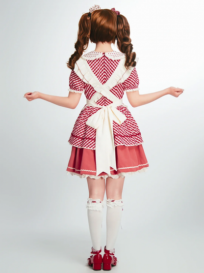 Dress with Plaid Lolita Collar Peter Pattern Strawberry Pan Sweet Pink Apron