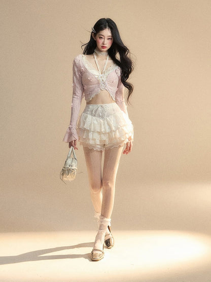 Cropped Top Floral Pink Bell Sleeves Butterfly Glamorous and Set With Top Embellished Lace