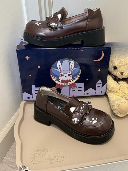 Cat Accents Design Shoes Mid-heel Brown Style Slip-On Ear PU Paw Preppy Print - with