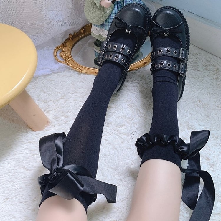 White/Black Lolita Bowknot Calf Socks